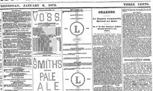 A portion of the Brooklyn Daily Eagle, 6 January 1875, showing advertisements made from typewriter art.