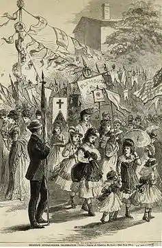 Engraving of Brooklyn Anniversary Day parade, led by children with flags and banners.
