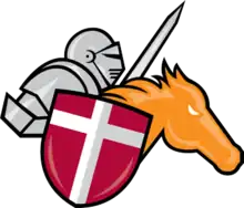 Drawing of a knight holding a red shield and riding an orange horse