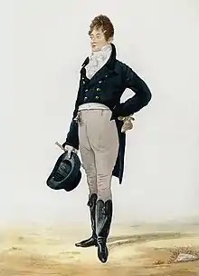 Beau Brummel introduced the ancestor of the modern blue suit, shaped to the body. (1805).