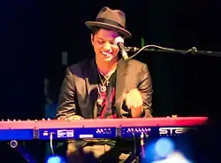 A man wearing a shirt and hat playing a keyboard