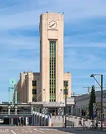 Brussels-North railway station entrance and clock tower by Paul Saintenoy (1952–1956)