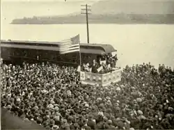 Democratic presidential nominee William Jennings Bryan delivers a whistle-stop speech in Wellsville, Ohio during his 1896 presidential campaign