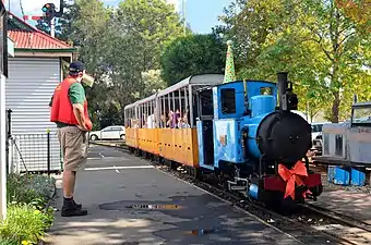 A train on the museum's 1.7 km (1 mi) Semaphore and Fort Glanville Tourist Railway, headed by miniature steam locomotive, Bub