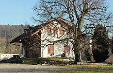 West side of station building of Buchs ZH railway station (2015) on the closed Bülach-Baden line