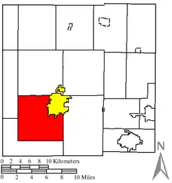 Location of Bucyrus Township (red) in Crawford County, next to the city of Bucyrus (yellow)
