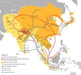Expansion of Buddhism, originated from India in the 6th century BCE to the rest of Asia until present.