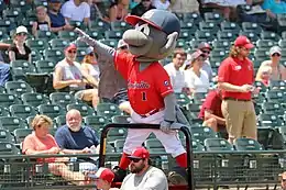 A person wearing a gray bat costume with a red jersey, white pants, and navy and red cap standing on a ballpark railing