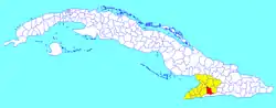 Buey Arriba municipality (red) within  Granma Province (yellow) and Cuba