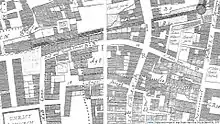Angel Street (centre) on Ogilby & Morgan's 1676 map.