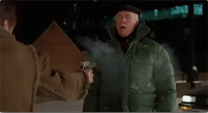 Down feathers bursting through a down jacket in Fargo (1996)