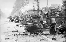 Several destroyed vehicles line the side of a tree and hedge lined road. A destroyed gun, twisted metal and debris occupy the foreground.