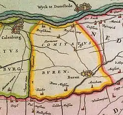 Map of the County of Buren around 1665, County of Buren highlighted in yellow