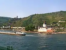 Burg Pfalzgrafenstein in the middle of the river, at Kaub, in the background Burg Gutenfels