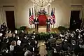 A joint press conference by United States President George W. Bush and British Prime Minister Tony Blair at the White House (12 November 2004).