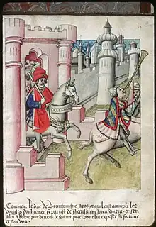 Buisine player and religious figure, Manuscript of Saint-Esprit. 1450-1460 A.D.