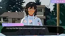 Brown-haired girl staring at the viewer, with textbox stating "..You say that like I'd be interested just because it's gay."