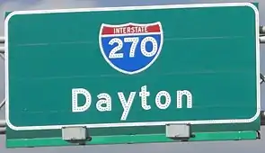 Button copy overhead sign on I-270 in Ohio, including button copy shield outline and numerals
