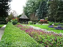 Pictured are the flower gardens and gazebo at the north end of Buxton Park Arboretum.