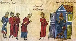 Medieval miniature showing five men in long tunics coming before a man seated on a throne to the right