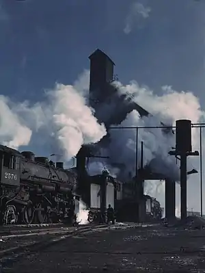 Locomotive 2576 over ash pit at the roundhouse and coaling station at the Chicago and Northwestern Railroad yards, Chicago, Illinois (demolished)