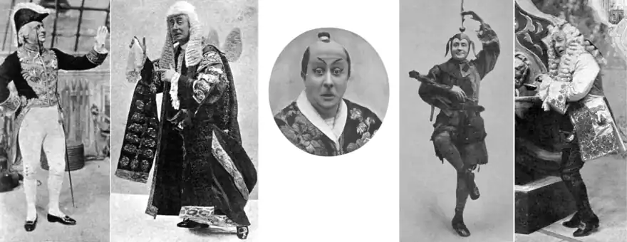 white man in early middle age in stage costume in five roles: as a British cabinet minister in court dress; as the Lord Chancellor in black and gold robes and full-bottomed wig; as a Japanese man looking surprised; as a Tudor jester dancing; and as an 18th century nobleman in Venice