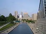 Skyline of downtown Indianapolis from the canal with the Medal of Honor Memorial and Indiana State Museum on the sides