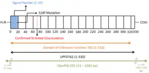 Annotated protein structure of UPF0762 indicating amino acids subject to modification post-translationally