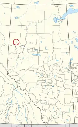 A map of the province of Alberta showing 80 counties and 145 small Indian reserves. One is highlighted with a red circle.