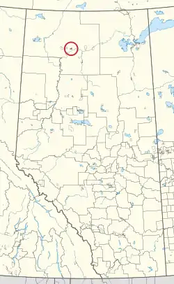 A map of the province of Alberta showing 80 counties and 145 small Indian reserves. One is highlighted with a red circle.