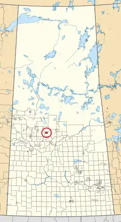 A map of the province of Saskatchewan showing 297 rural municipalities and hundreds of small Indian reserves. One is highlighted with a red circle.