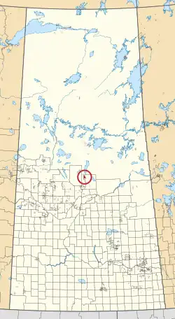 A map of the province of Saskatchewan showing 297 rural municipalities and hundreds of small Indian reserves. One is highlighted with a red circle.