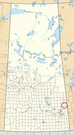 A map of the province of Saskatchewan showing 297 rural municipalities and hundreds of small Indian reserves. One is highlighted with a red circle.