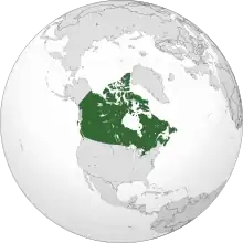 A projection of North America with Canada highlighted in green
