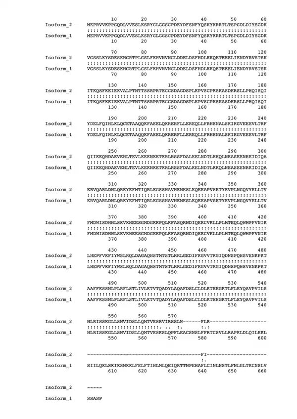 Pairwise sequence alignment comparing isoforms 1 and 2 of the CCDC138 protein.