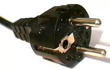 CEE 7/7 plug, (combines earthing methods of Type E & Type F)