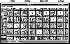 SimCity in 640×200 CGA monochrome. Note the use of dithering to simulate gray tones and non-square pixel ratio that deforms the fonts.