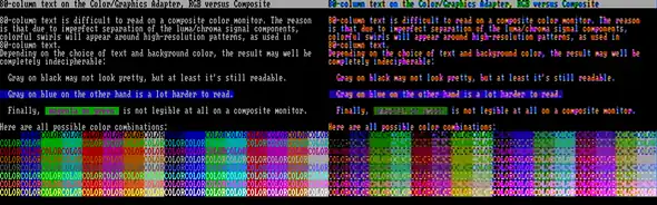 CGA 80-column text (left: RGB, right: composite monitor)