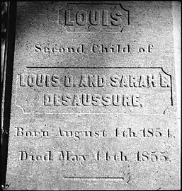 Gravestone of one of DeSaussure's children, who lived from 1854 to 1855