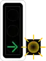 7.14.2 Green arrow with additional flashing yellow (example 2), here: turning to the rightPermits traffic turning to the right, but indicates that turning vehicles must give way to pedestrians and users of vehicle-like transport means (such as rollerblades, scooters, skateboards, etc.) on side roads (usually traversing the side road on pedestrian crossings at the same time)!