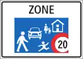 2.59.5a Start of Home zone (with 20 km/h speed limit, pedestrians and users of vehicle-like transport means, such as rollerblades, scooters, skateboards, etc., are allowed to use the entire street and have priority; parking only allowed at designated places; expect playing children in street!)