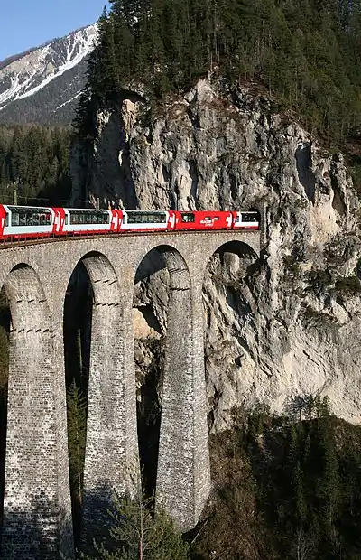 Rhaetian Railway Glacier Express on the Landwasser Viaduct near Filisur