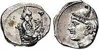 Coin of Cilicia 343-332 BC, thought to represent Artaxerxes III on the obverse, and a young Artaxerxes IV on the reverse, both wearing the Pharaonic crown.