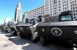 Armored personnel carrier used by the Batalhão de Operações Policiais Especiais (BOPE). According to the official BOPE website, the logo represents victory over death (2018).