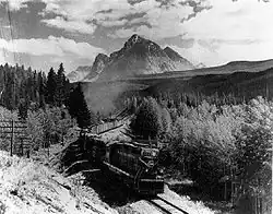 CN GP9 leads a train up Yellowhead Pass.