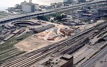 John Street Roundhouse (left) in 1973. The roundhouse on the right was CNR Spadina Roundhouse, which was demolished. Rogers Centre stands in its place.