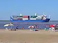 Container ship, traveling downstream by the city of Ramallo, Argentina