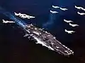 CVW-19 aircraft flying over Ticonderoga in 1968