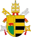 Coat of arms used by Alexander VI (1492–1503), the second Borgia pope, a coat of arms derived from that of the Borgia family with two keys saltire and a tiara.