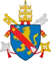 Sixtus V  (1585-1590), born Felice, son of Pier Gentile (also known as Peretto Peretti), into a poor family.  He later adopted Peretti as his family name in 1551, and was known as "Cardinal Montalto". His coat of arms was D'azur au lion d'or armé et lampassé de gueules tenant un rameau d'or à la bande de gueules chargée en chef d'une étoile d'or et en pointe d'un mont à trois cimes d'argent.[clarification needed]